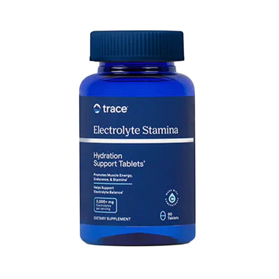 Electrolyte Stamina 90 Comprimidos Trace Minerals, suplemento alimentar com eletrólitos, minerais iónicos, vitamina B6 e taurina.