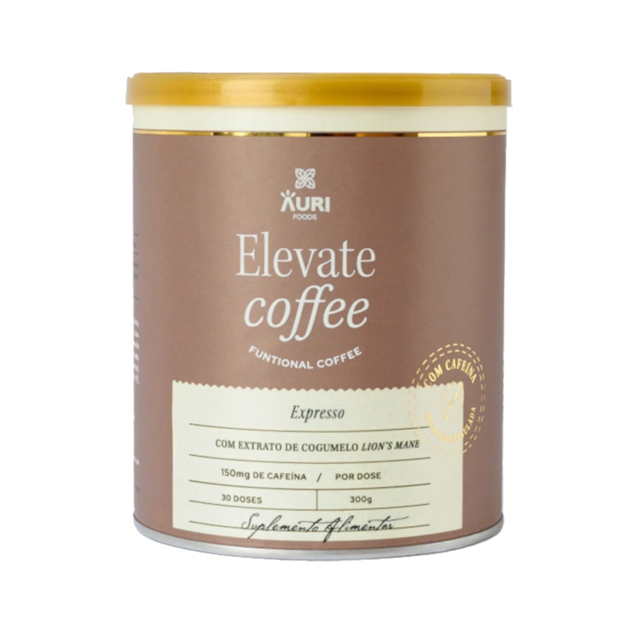 Elevate Coffee Expresso é um suplemento funcional em pó com cafeína, taurina, colina, N-acetil-carnitina e extrato de cogumelo Lion’s Mane.