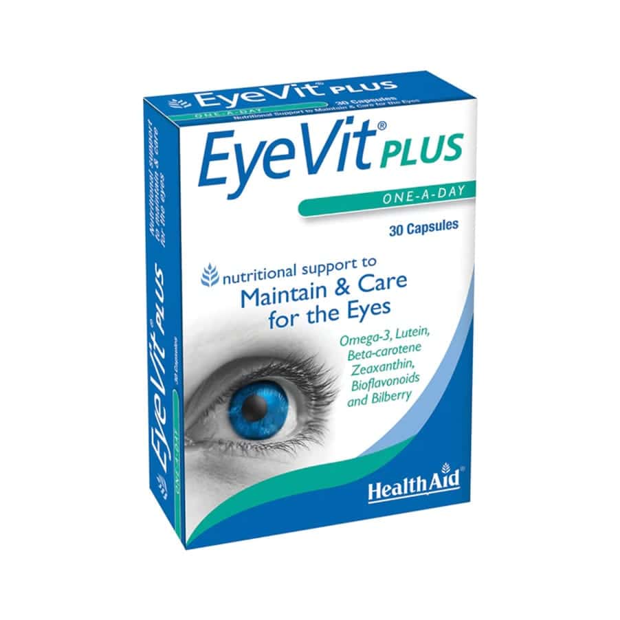 O Eyevit Plus da Health Aid é um suplemento nutricional baseado em vitaminas, minerais, vegetais e ômega-3 que ajudam a manter e cuidar dos olhos.