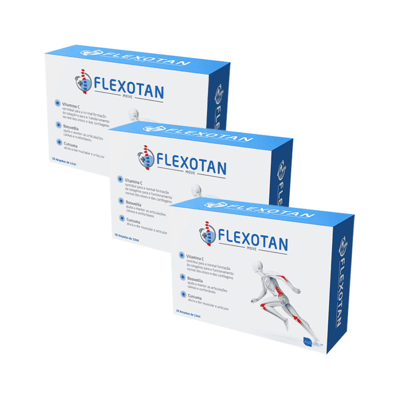 Flexotan Move é um suplemento alimentar em ampolas com sulfato de glucosamina, colagénio hidrolisado, sulfato de condroitina, MSM, extratos de harpago...
