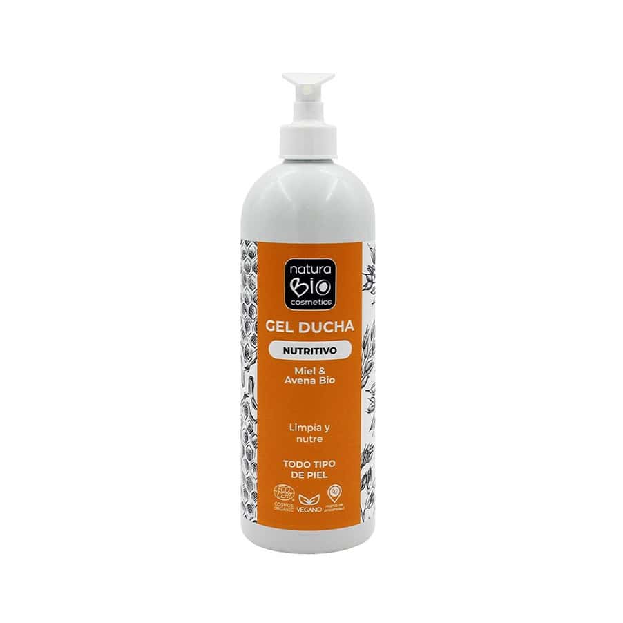 Gel de Duche Nutritivo Mel e Aveia Bio 740ml Natura Bio, indicado para a higiene diária da pele.