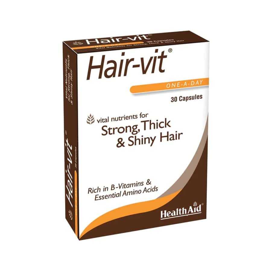 O Hair-vit da Health Aid é um suplemento alimentar à base de vitaminas do complexo B, minerais e aminoácidos essenciais para elevar a saúde do cabelo.