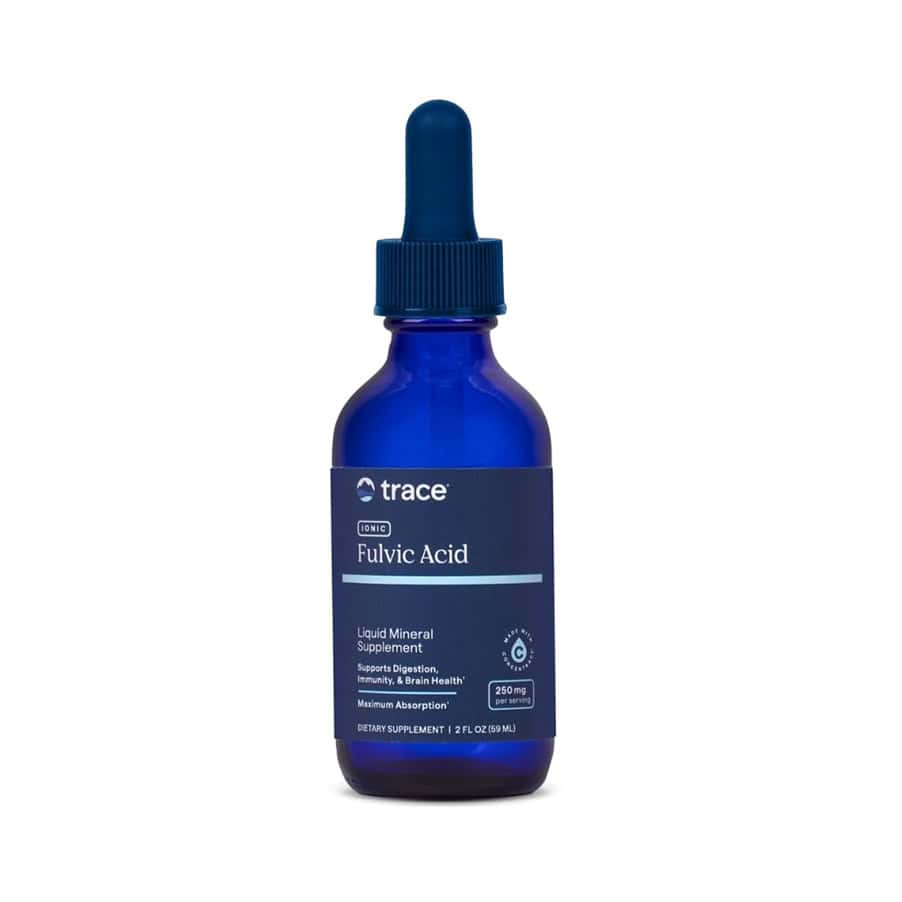 Ionic Fulvic Acid 250mg 59ml Trace Minerals, suplemento alimentar líquido com ácido fúlvico e minerais iónicos.