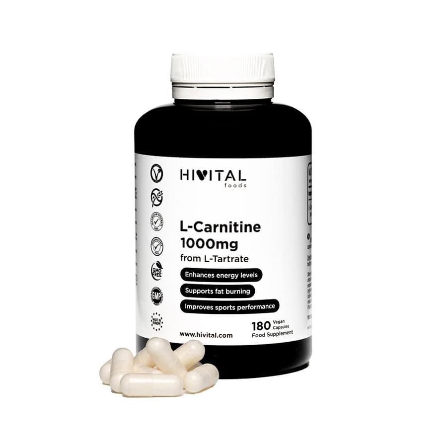 L-Carnitina 1000mg Hivital com 180 cápsulas veganas, suplemento alimentar com L-Carnitina Tartrato.