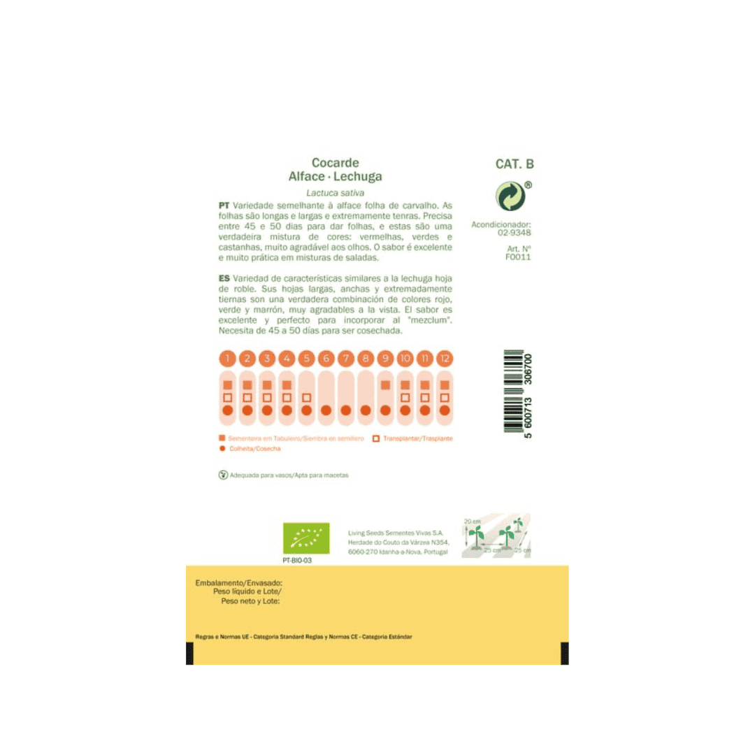 Pacote de sementes de Alface Cocarde 1g da Sementes Vivas, ideal para cultivo orgânico de alface com folhas verde-escuras e bordas avermelhadas.