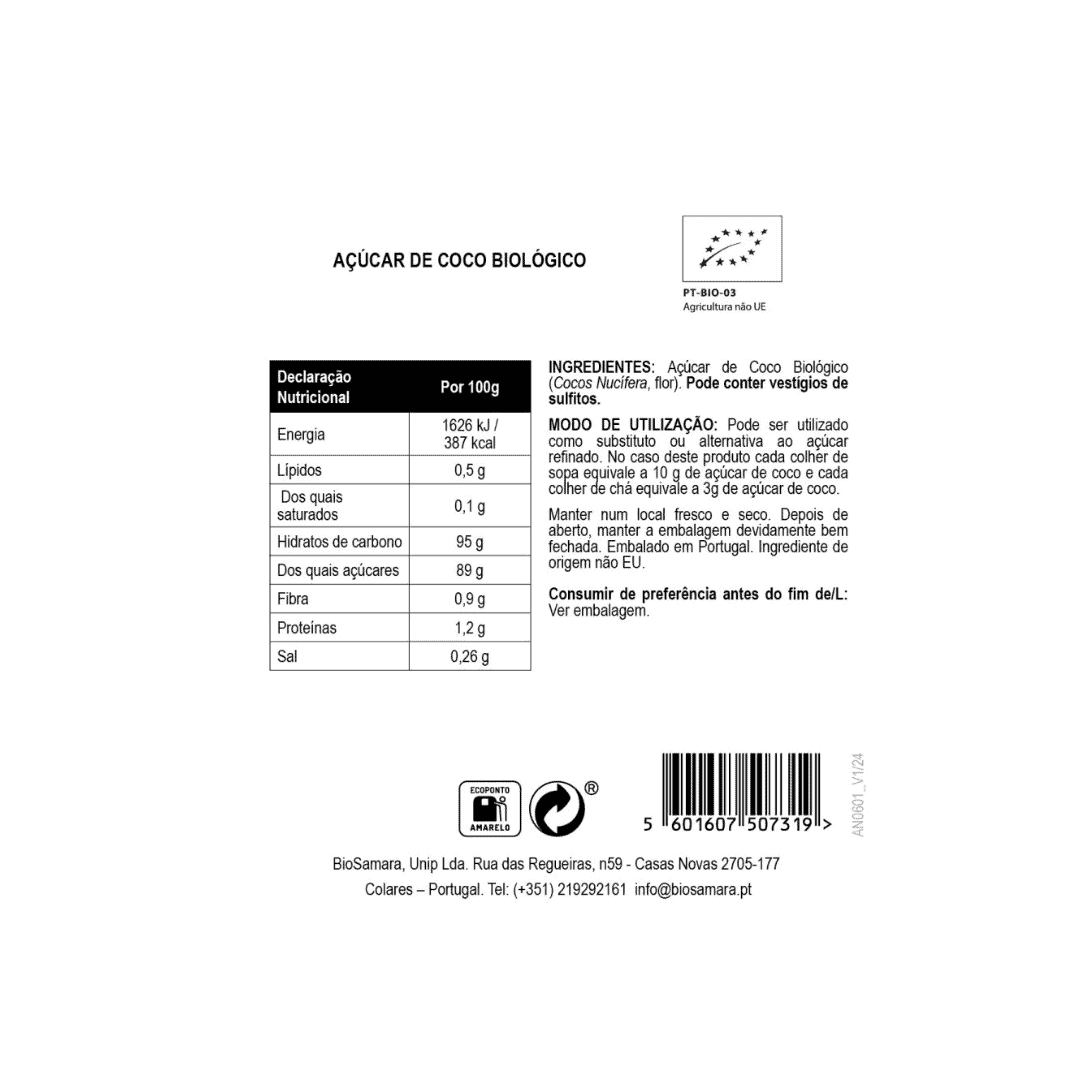 Açúcar de Côco BioSamara 250 g, adoçante granulado de origem vegetal para usar em bebidas, sobremesas e receitas.
