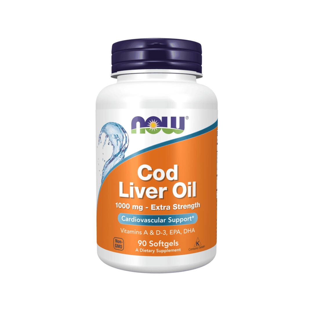 Frasco de suplemento Cod Liver Oil 1000mg Extra Strength Now com 90 cápsulas de óleo de fígado de bacalhau.