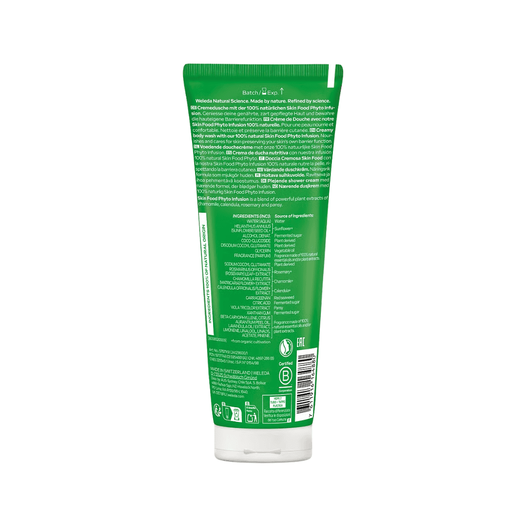 Gel de duche cremoso Skin Food Weleda 200ml com fórmula nutritiva e hidratante para pele seca.