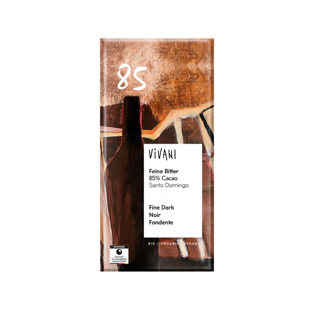 Tablete de Chocolate Negro Biológico Vivani com 85 % de cacau, elaborada com cacau da República Dominicana. Adequado para quem aprecia chocolate...