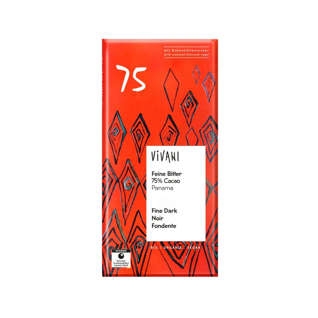 Tablete de chocolate negro biológico com 75 % de cacau do Panamá, adoçada com açúcar de flor de coco. Sem ingredientes de origem animal.
