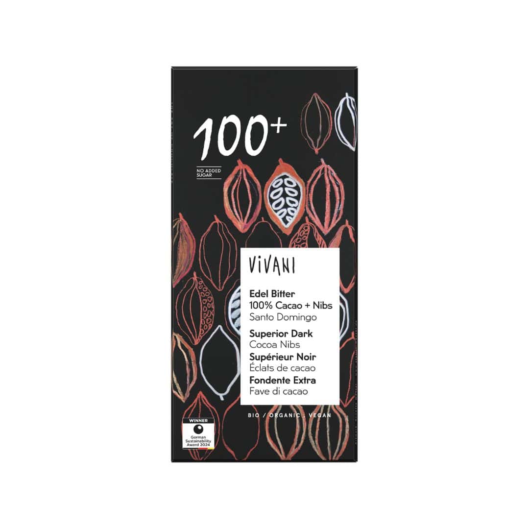 Tablete de Chocolate negro biológico com 100 % amargo, com nibs de cacau (pedacinhos de cacau) para uma textura crocante.
