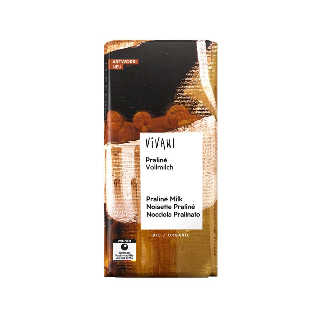 Tablete de Chocolate de Leite com Praliné Biológico Vivani, com recheio cremoso de nougat de avelã. Experimenta agora este delicioso chocolate!