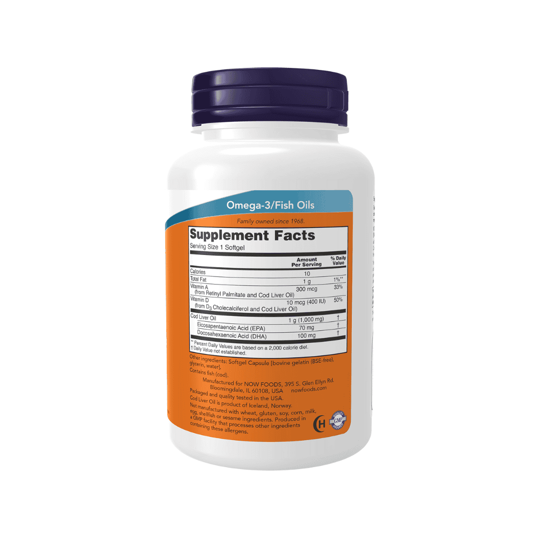 Frasco de suplemento Cod Liver Oil 1000mg Extra Strength Now com 90 cápsulas de óleo de fígado de bacalhau.
