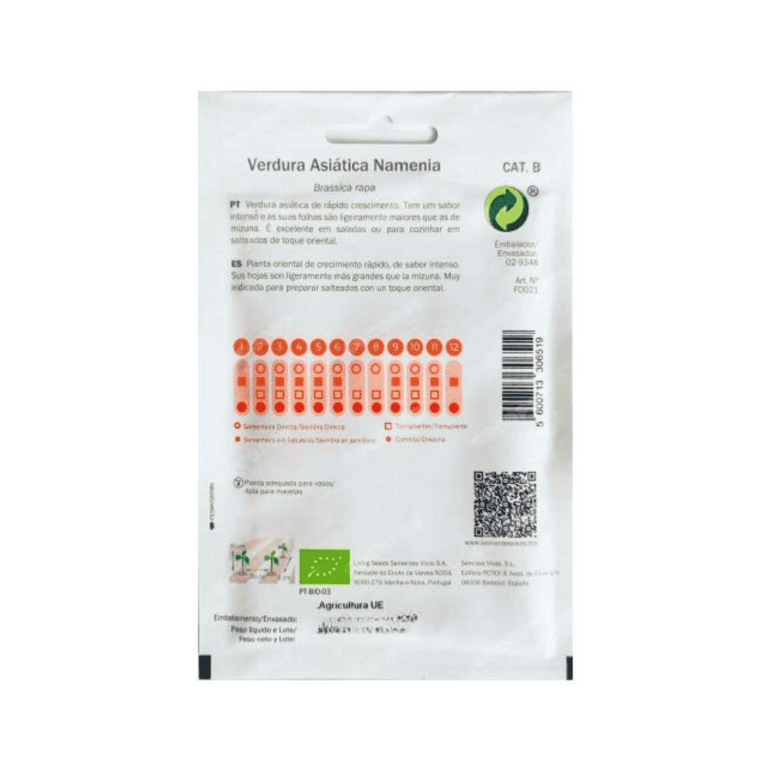 Embalagem de 2g de sementes biológicas da verdura asiática Namenia da marca Sementes Vivas, ideal para cultivo em hortas caseiras.