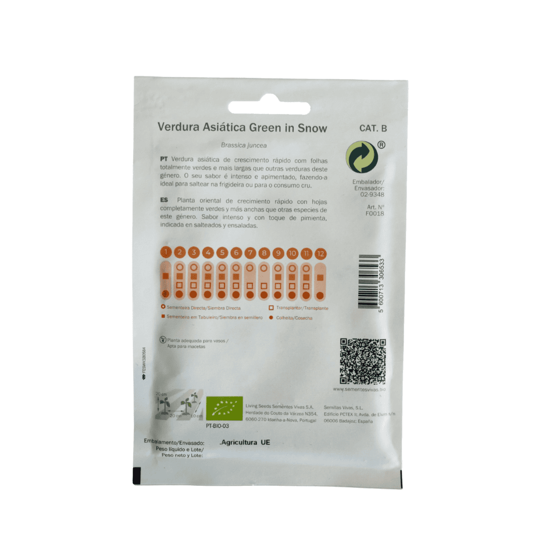 Embalagem de 2g de sementes biológicas da verdura asiática Green in Snow da marca Sementes Vivas, ideal para cultivo em hortas caseiras.