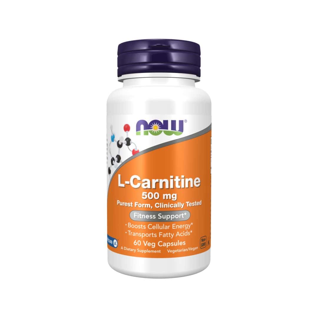 A L-Carnitina 500 mg Now é um suplemento alimentar em cápsula que contém L-carnitina que apoia energia celular e transporta ácidos gordos.