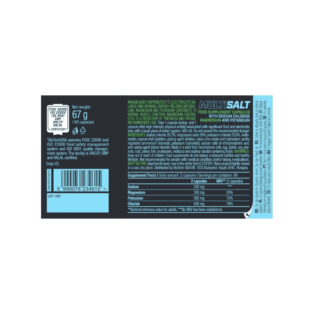 Suplemento Multi Salt Biotech USA com 60 cápsulas, ideal para reposição de eletrólitos em treinos intensos.