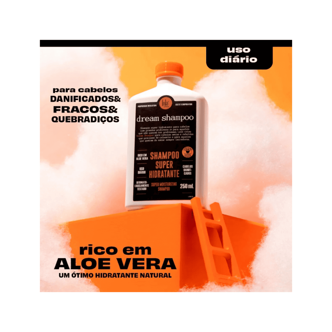 frasco de shampoo lola dream super hidratante 250ml com rótulo colorido, indicado para cabelos secos e ressecados
