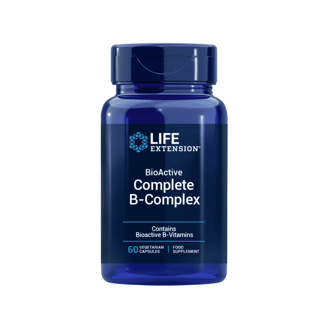 Suplemento BioActive Complete B-Complex Life Extension em frasco com 60 cápsulas, fórmula completa de vitaminas do complexo B para energia e metabolismo saudável.