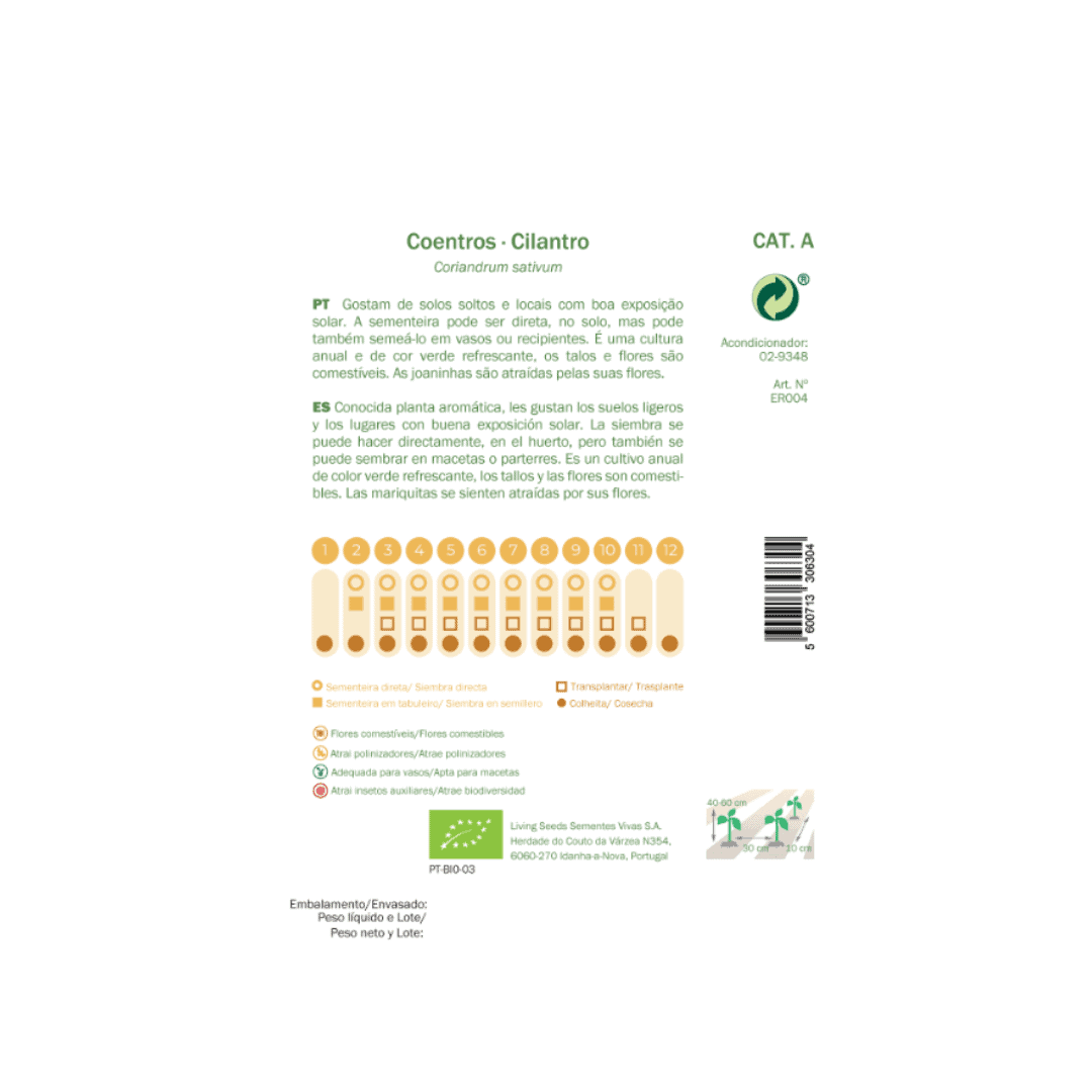 Pacote de sementes biológicas de coentros com 4g da marca Sementes Vivas, ideal para cultivo em hortas e vasos.