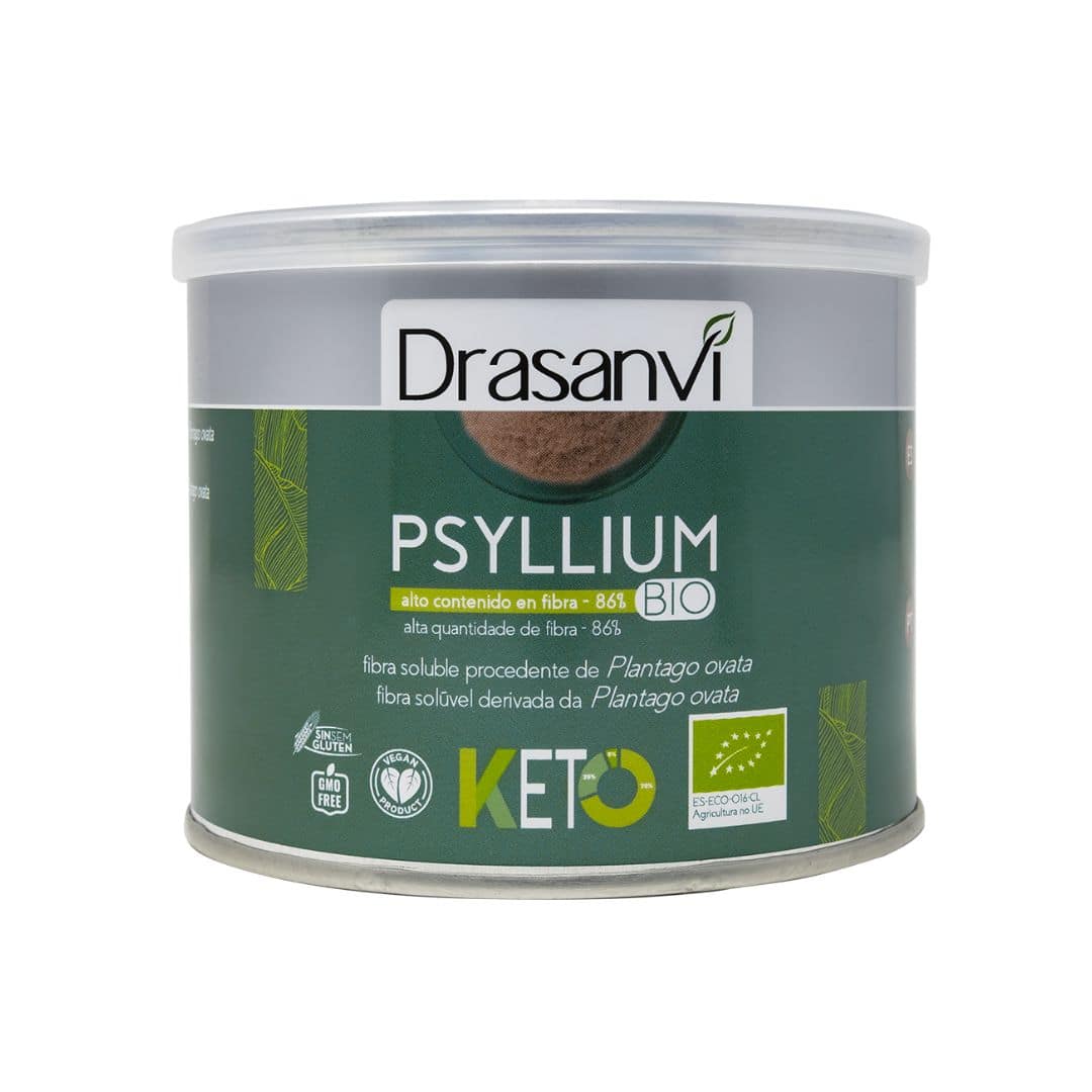 Psyllium Bio Keto Drasanvi embalagem de 200gr, fibra natural em pó para regular o trânsito intestinal e apoiar dietas keto.