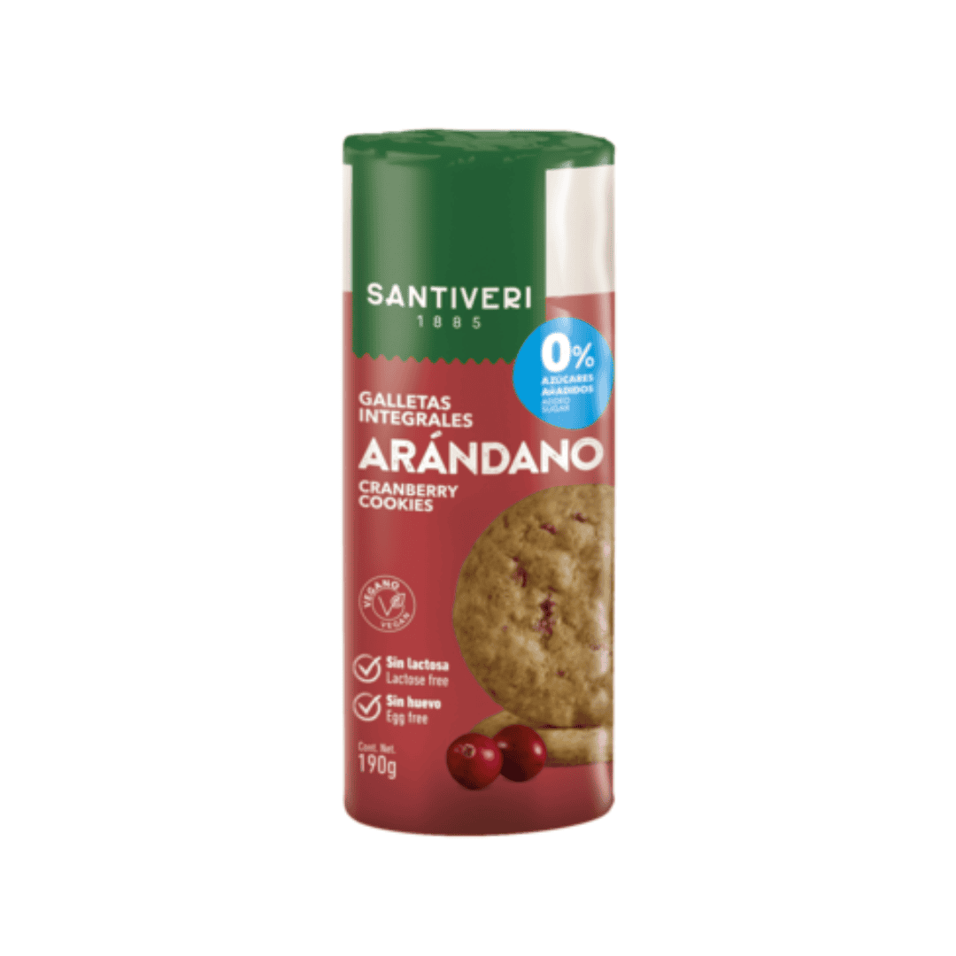 Bolachas Integrais com Arandos Vermelhos 190gr Santiveri, crocantes e naturalmente doces — perfeitas para um lanche leve e equilibrado.