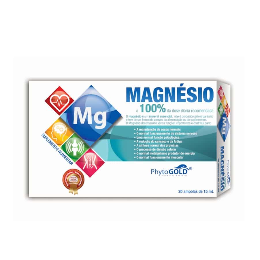 Magnésio 100% 20 ampolas PhytoGold, suplemento alimentar líquido com magnésio e groselheira-negra.
