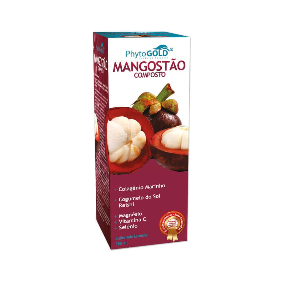 Mangostão Composto 500 ml PhytoGold, suplemento alimentar líquido com mangostão, colagénio marinho, cogumelos, vitaminas e minerais.