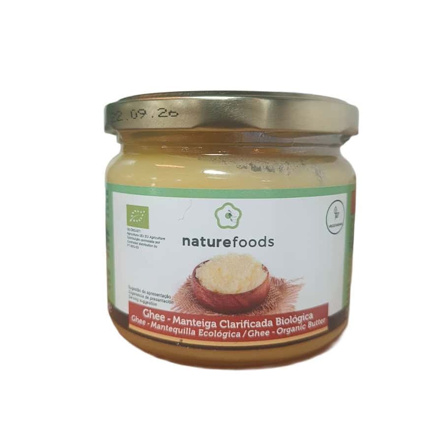 Manteiga Ghee Biológica 230gr Naturefoods em frasco, ideal para cozinhar, saltear e preparar receitas.