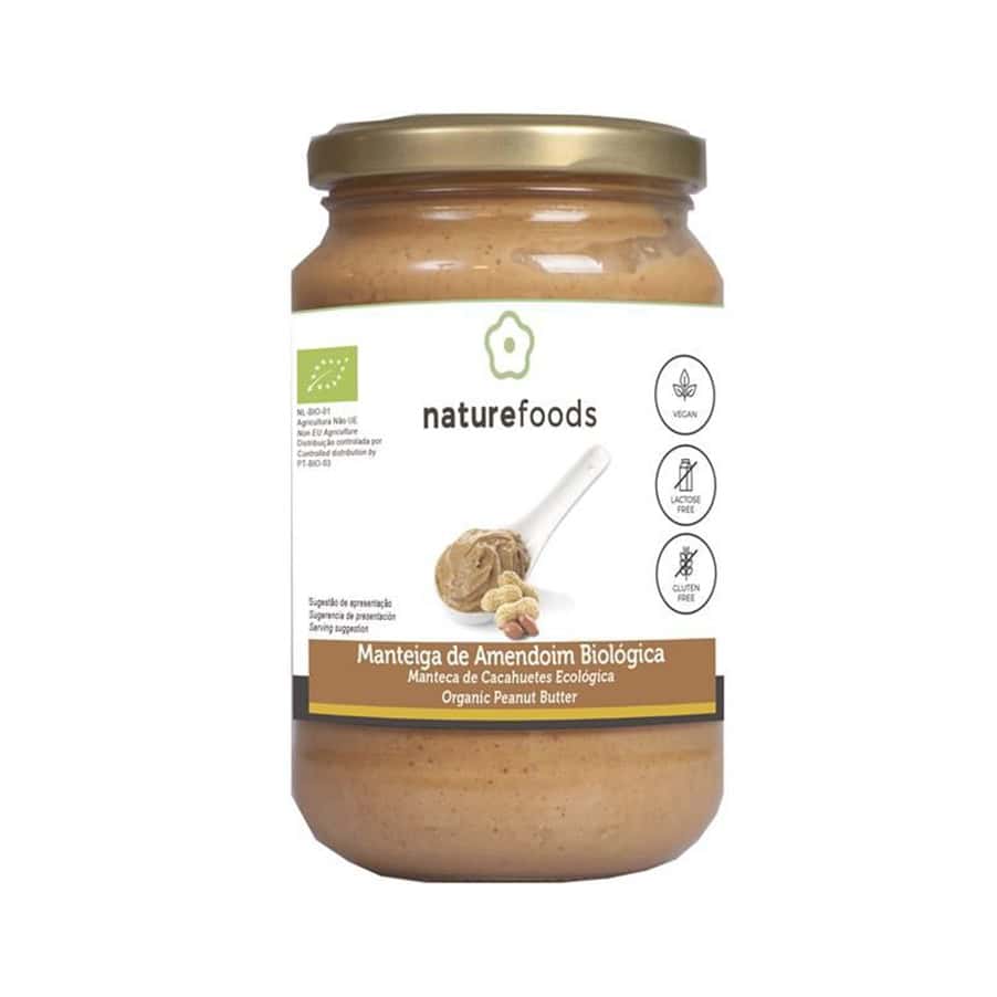 Manteiga de Amendoim Bio 350gr Naturefoods em frasco, cremosa e produzida com amendoins biológicos.