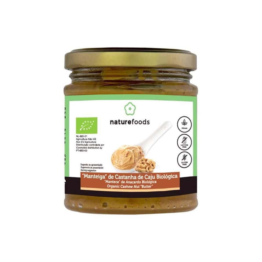 Manteiga de Caju Bio 170gr Naturefoods em frasco, cremosa e produzida com cajus biológicos.