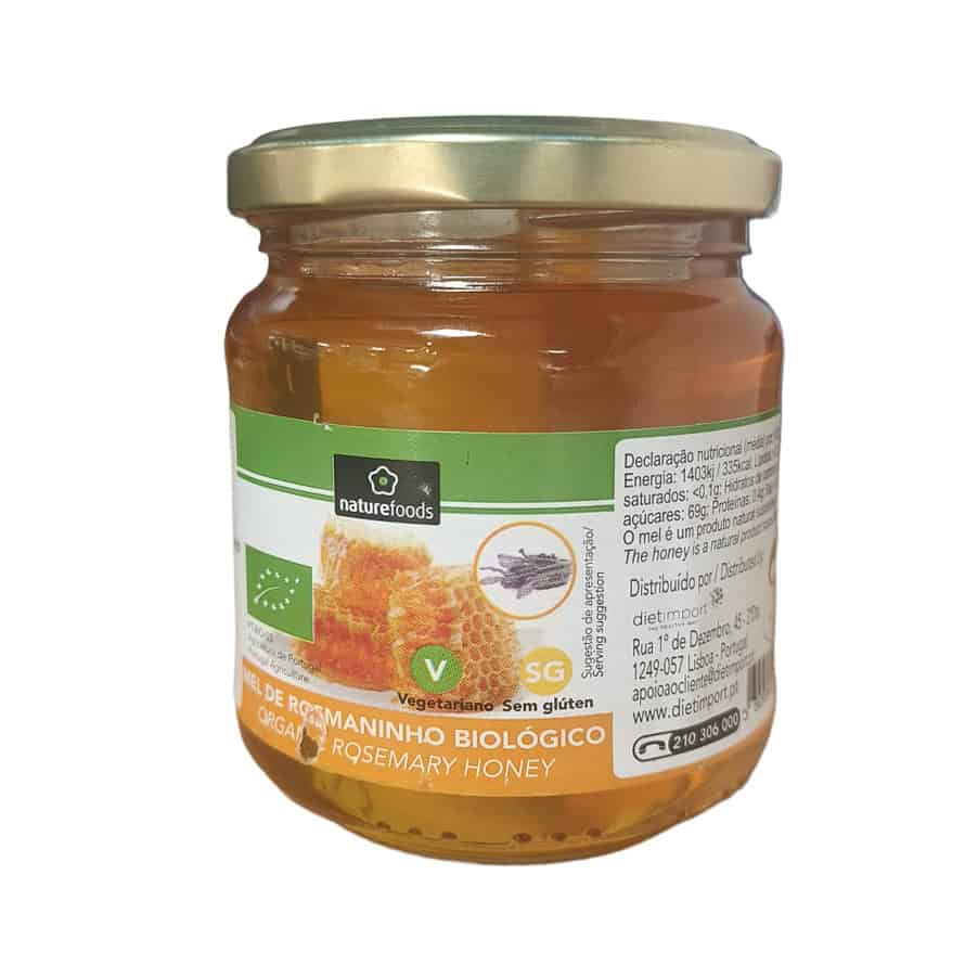 Mel de Rosmaninho Biológico 250gr Naturefoods em frasco, com textura dourada e origem biológica.