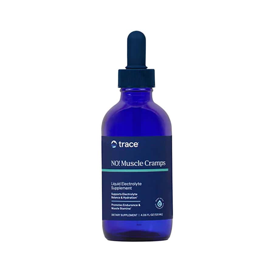 NO! Muscle Cramps 120ml Trace Minerals, suplemento alimentar líquido com magnésio, sódio, potássio, cloreto e minerais iónicos.