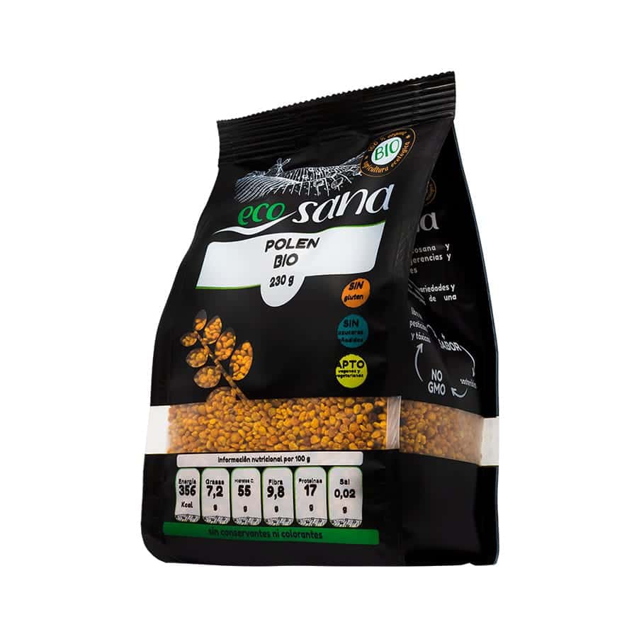 Pólen Bio 230gr Ecosana em frasco, pólen biológico granulado para adicionar a iogurtes, batidos e receitas.