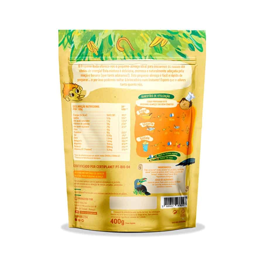 Pequeno Buda de Banana e Maçã 400gr Iswari em embalagem de mistura para pequeno-almoço infantil.