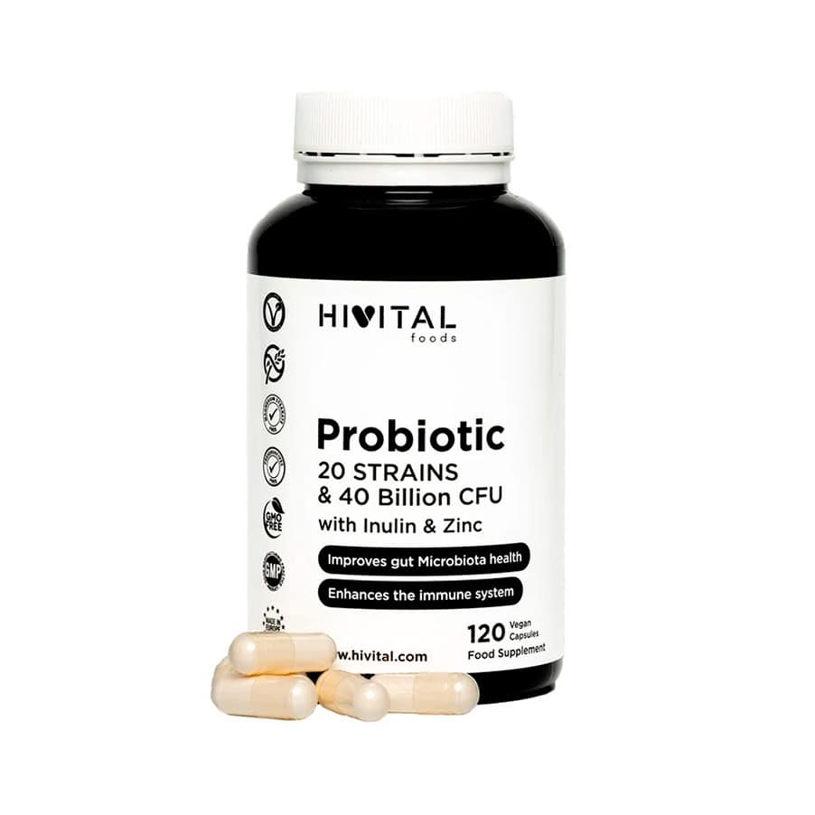 Probiótico 20 Estirpes e 40 Biliões CFU Hivital com 120 cápsulas veganas, suplemento alimentar para a rotina digestiva.