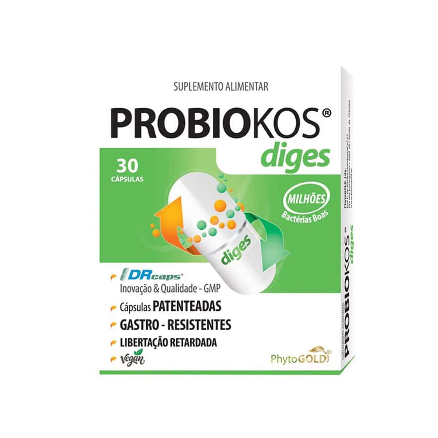 Probiokos Diges 30 cápsulas PhytoGold, suplemento alimentar com estirpes bacterianas e complexo de enzimas digestivas.