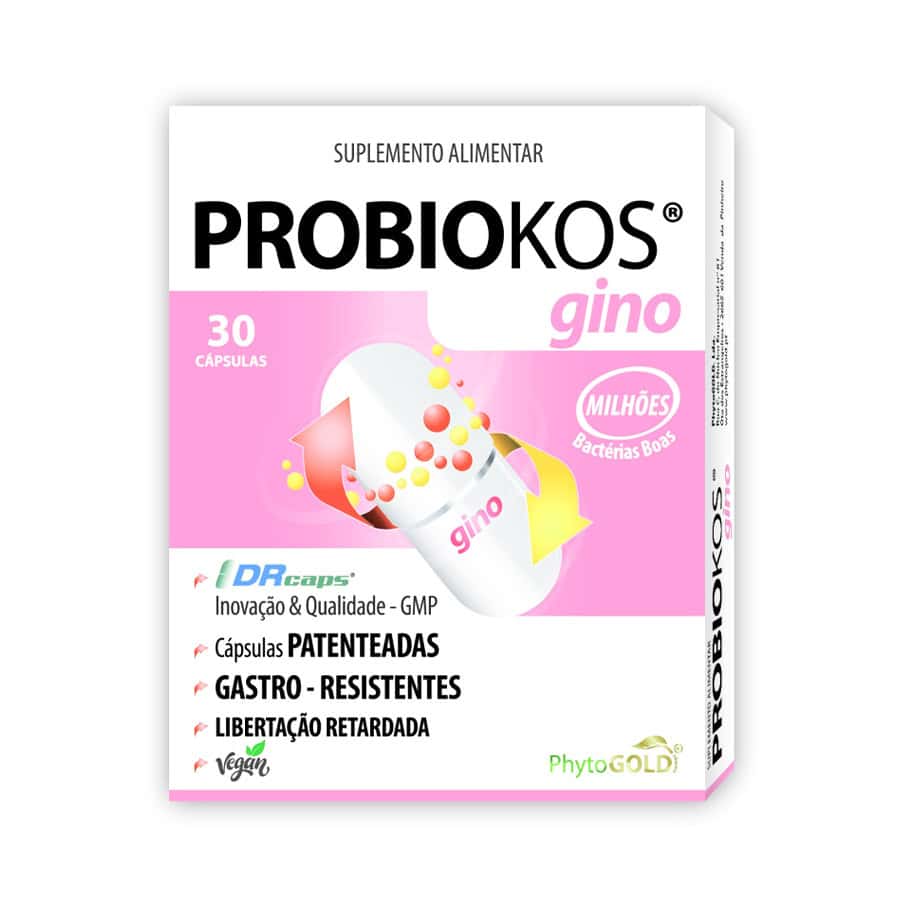 Probiokos Gino 30 cápsulas PhytoGold, suplemento alimentar com FOS e seis estirpes bacterianas.
