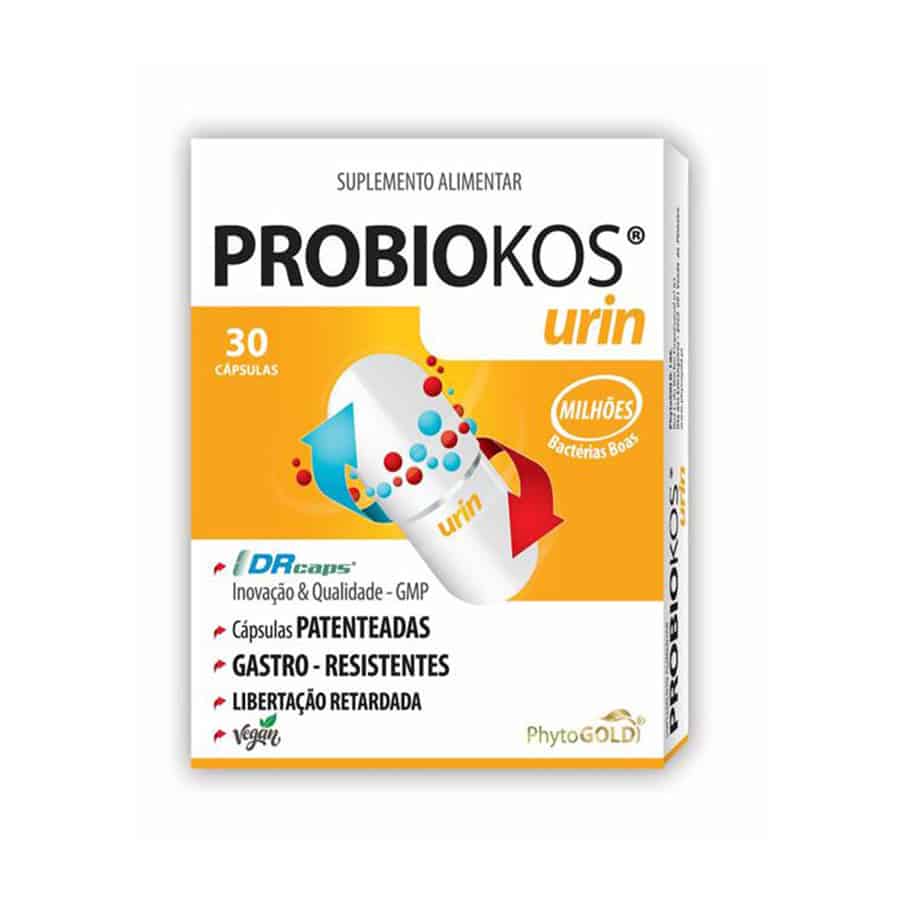 Probiokos Urin 30 cápsulas PhytoGold, suplemento alimentar com arando-vermelho, FOS, uva-ursina e estirpes bacterianas.