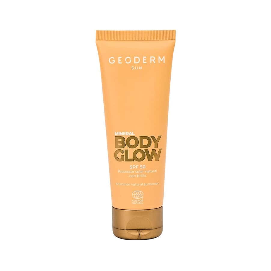 Protetor Solar Mineral Body Glow SPF 50 75ml Geoderm para proteção corporal com acabamento luminoso.
