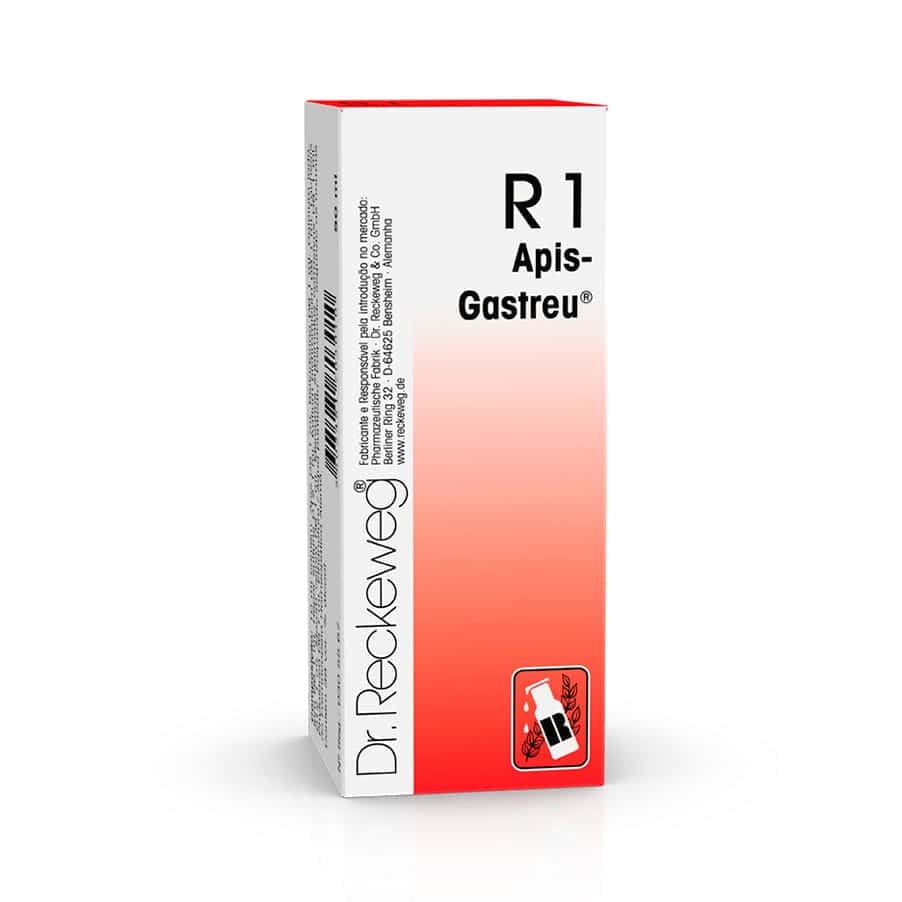 R1 Apis-Gastreu Gotas Orais 50ml Dr. Reckeweg em frasco de vidro com conta-gotas.