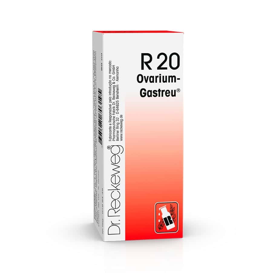 R20 Ovarium-Gastreu Gotas Orais 50ml Dr. Reckeweg em frasco de vidro com conta-gotas.