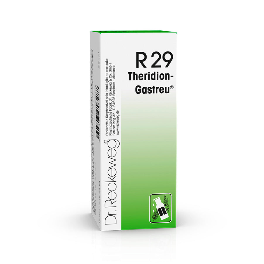 R29 Theridion-Gastreu Gotas Orais 50ml Dr. Reckeweg é um medicamento homeopático em gotas orais, preparado segundo as normas da Farmacopeia Homeopática Alemã.