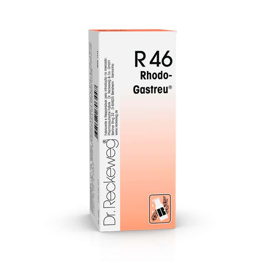 R46 Rhodo-Gastreu 50ml Dr. Reckeweg em frasco de vidro com conta-gotas.