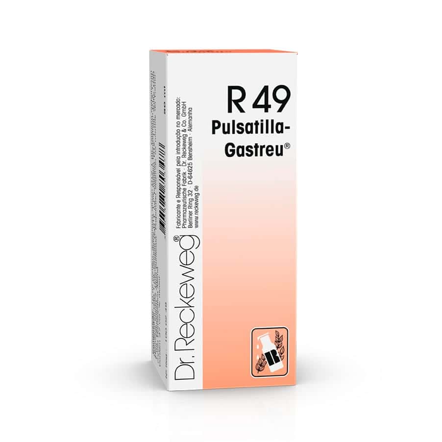 R49 Pulsatilla-Gastreu Gotas Orais 50ml Dr. Reckeweg em frasco de vidro com conta-gotas.
