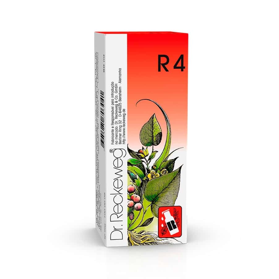 R4 Gotas Orais 50ml Dr. Reckeweg em frasco de vidro com conta-gotas.