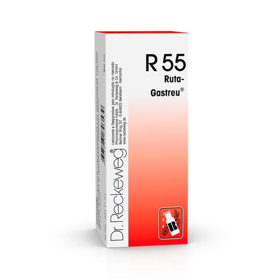 R55 Ruta-Gastreu Gotas Orais 50ml Dr. Reckeweg em frasco de vidro com conta-gotas.