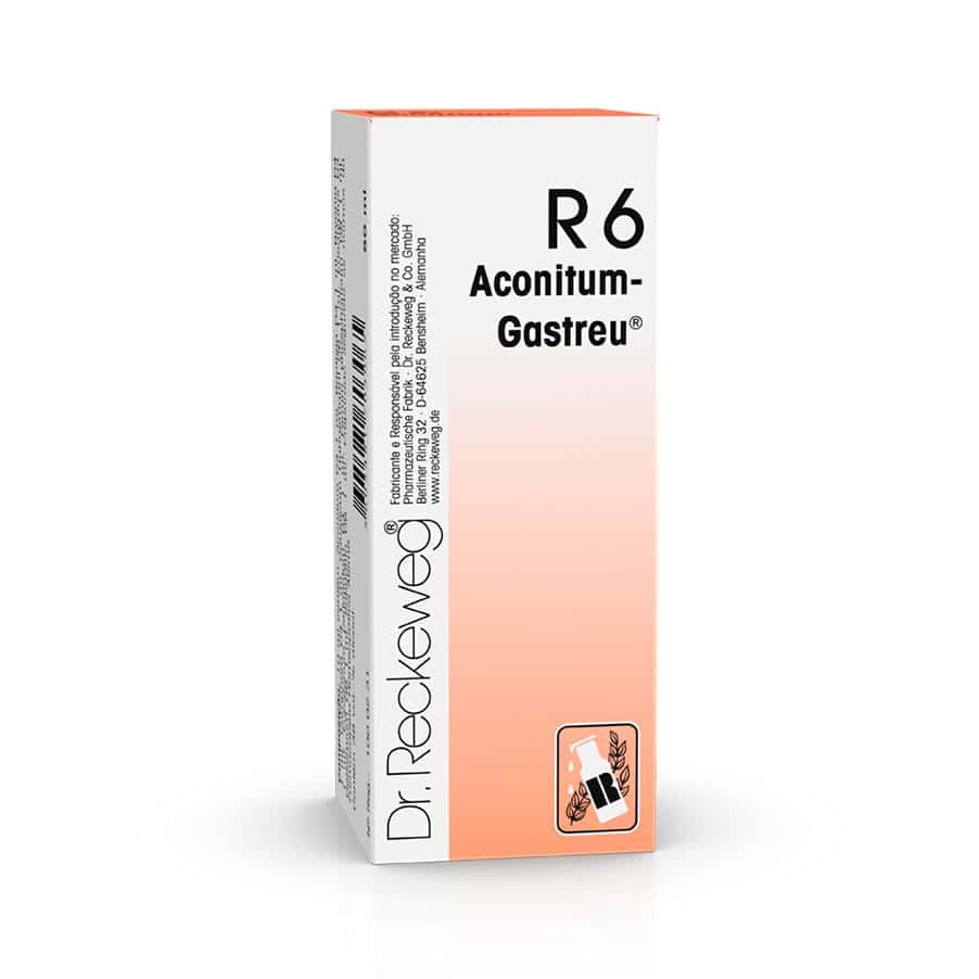 R6 Aconitum-Gastreu 50ml Dr. Reckeweg em frasco de vidro com conta-gotas.