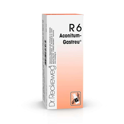 R6 Aconitum-Gastreu 50ml Dr. Reckeweg em frasco de vidro com conta-gotas.