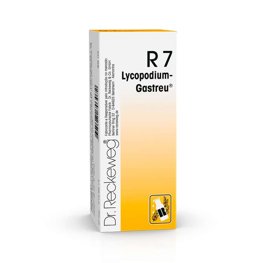 R7 Lycopodium-Gastreu Gotas Orais 50ml Dr. Reckeweg em frasco de vidro com conta-gotas.